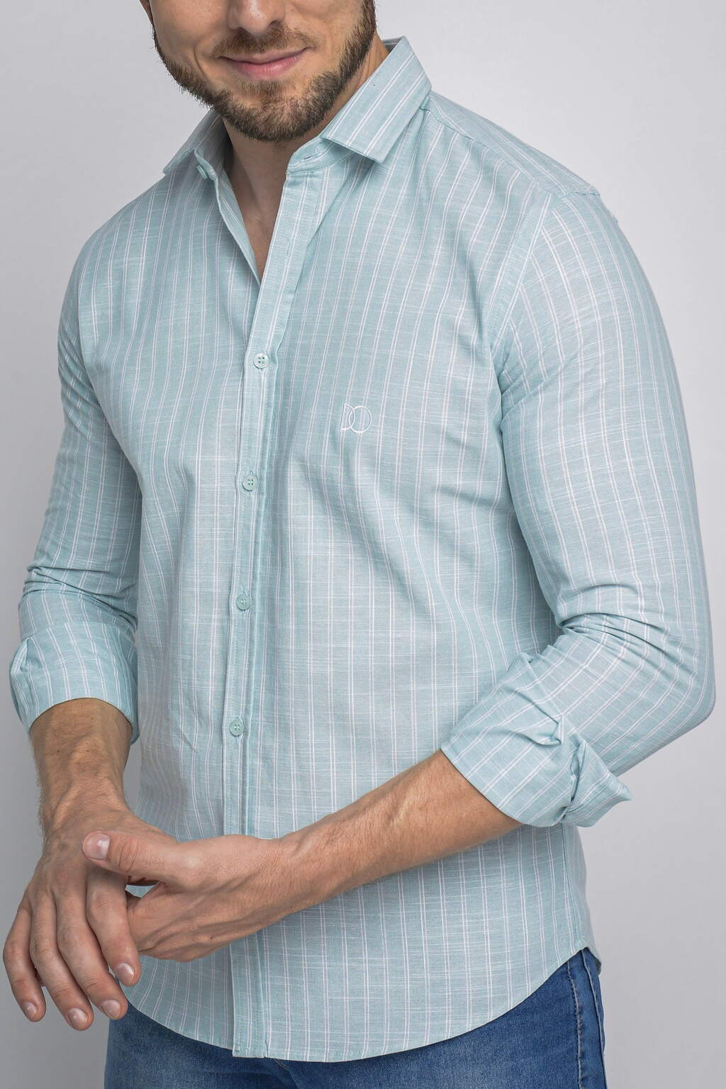 Camisa Algodão Listrada Verde Água