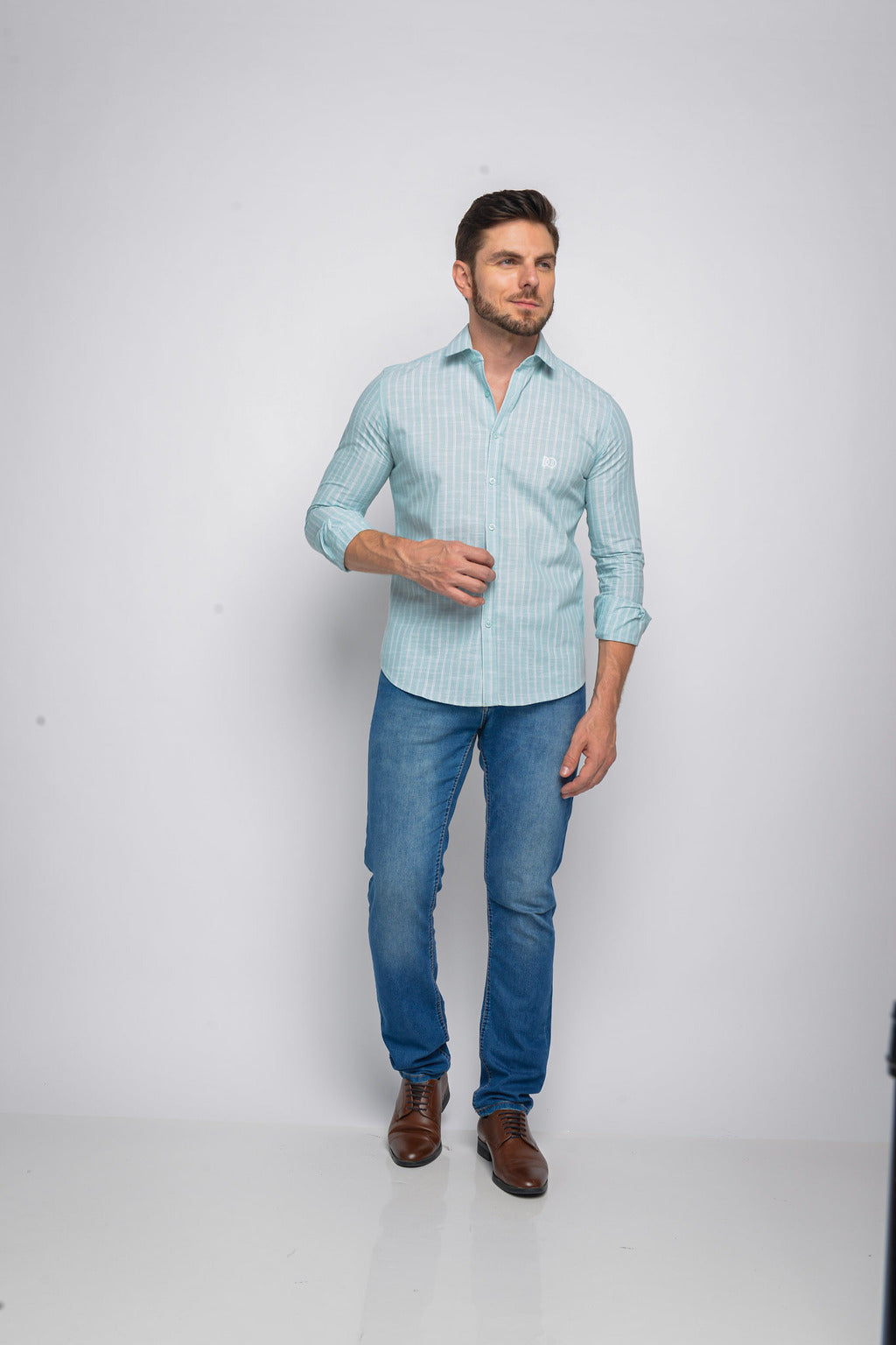 Camisa Algodão Listrada Verde Água